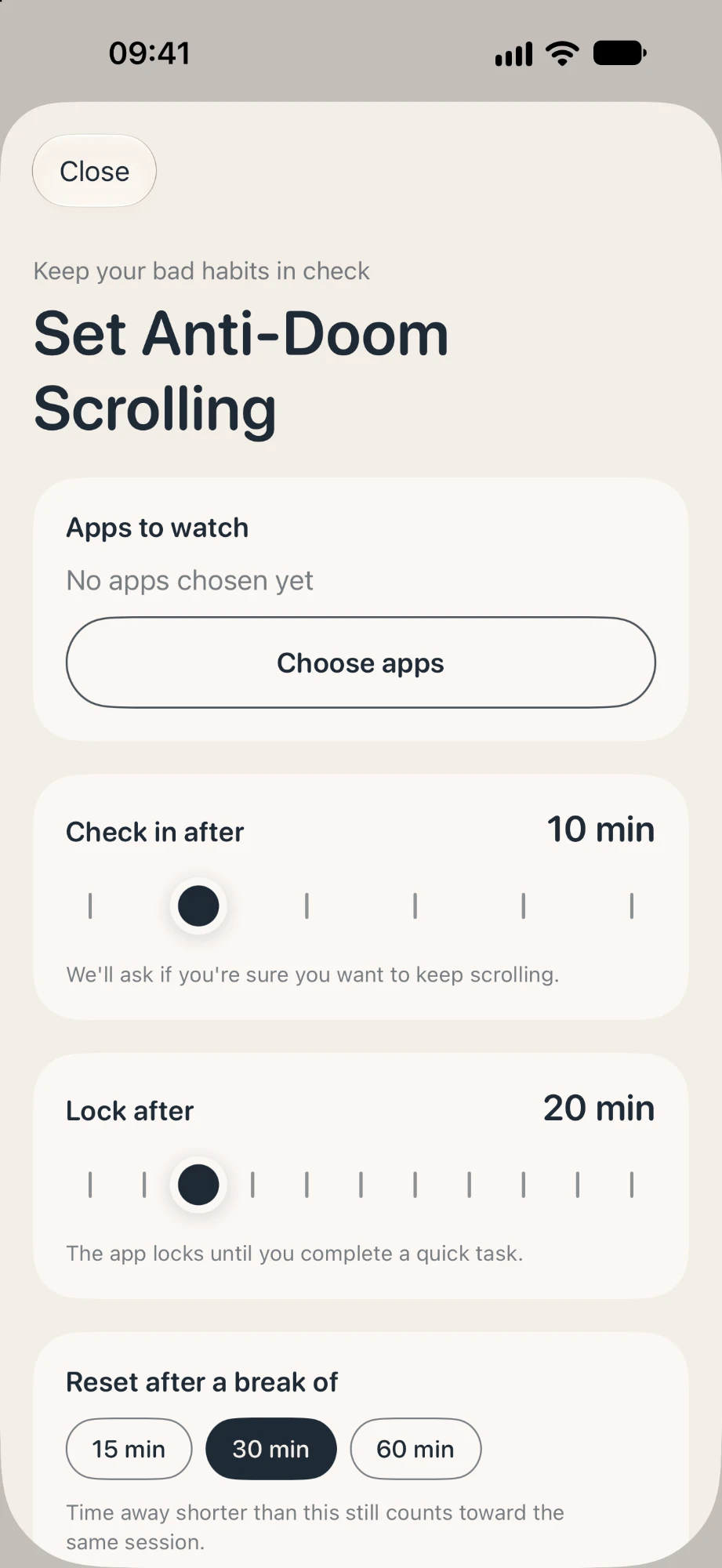 Set Anti-Doom Scrolling screen with apps to watch, check-in after 10 minutes and lock after 20 minutes
