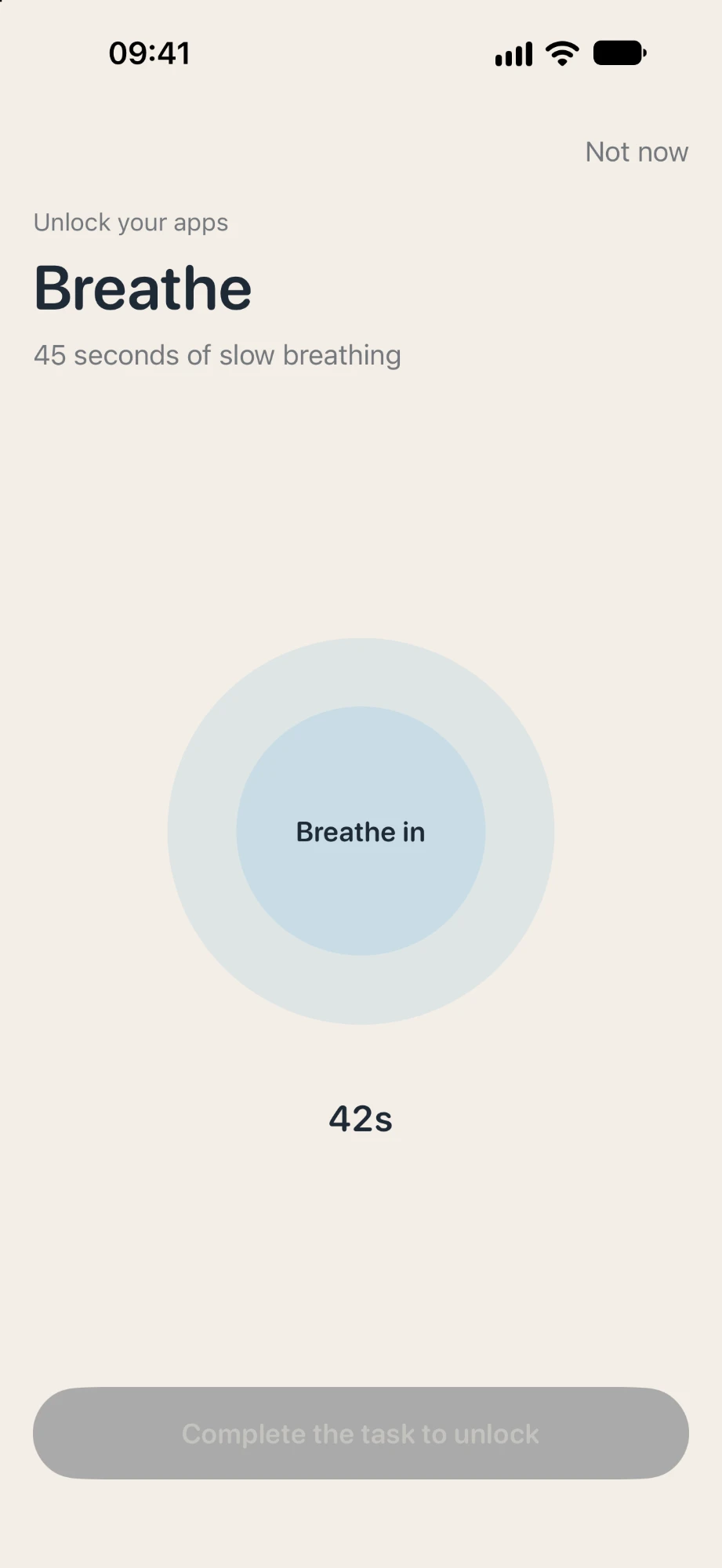 Interval breathing task: 'Breathe in' circle with 42 seconds remaining