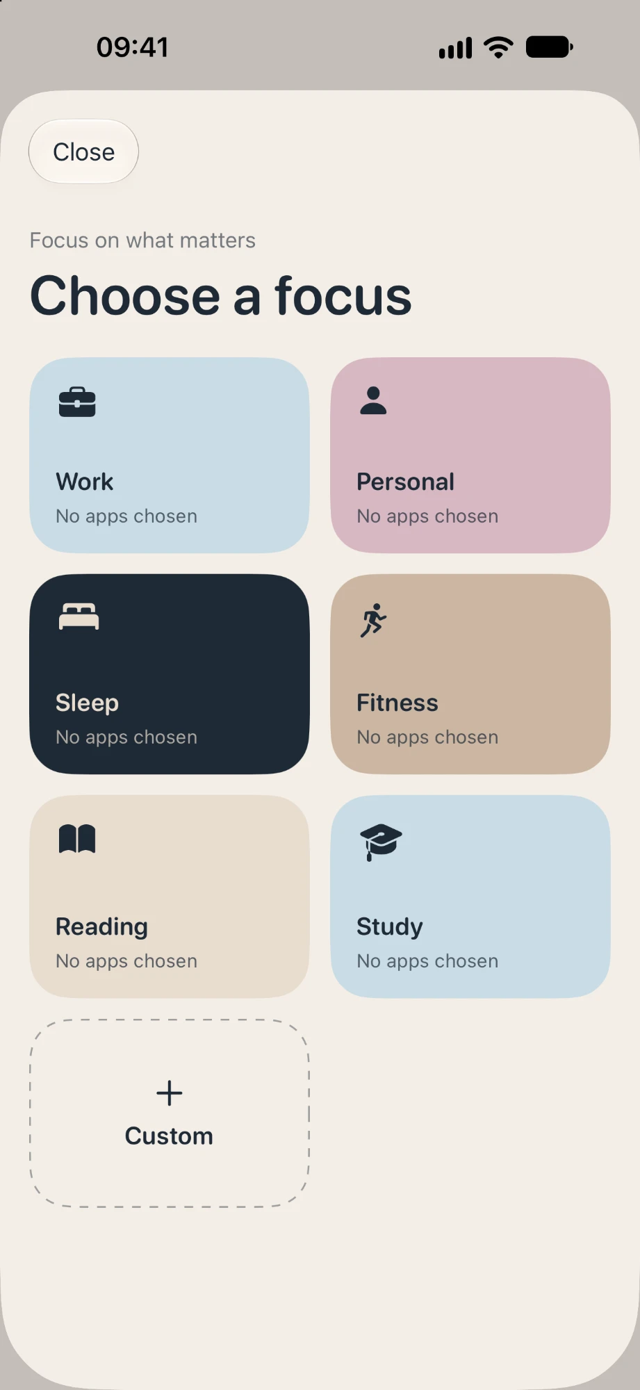 Choose a focus screen with Work, Personal, Sleep, Fitness, Reading, Study and Custom