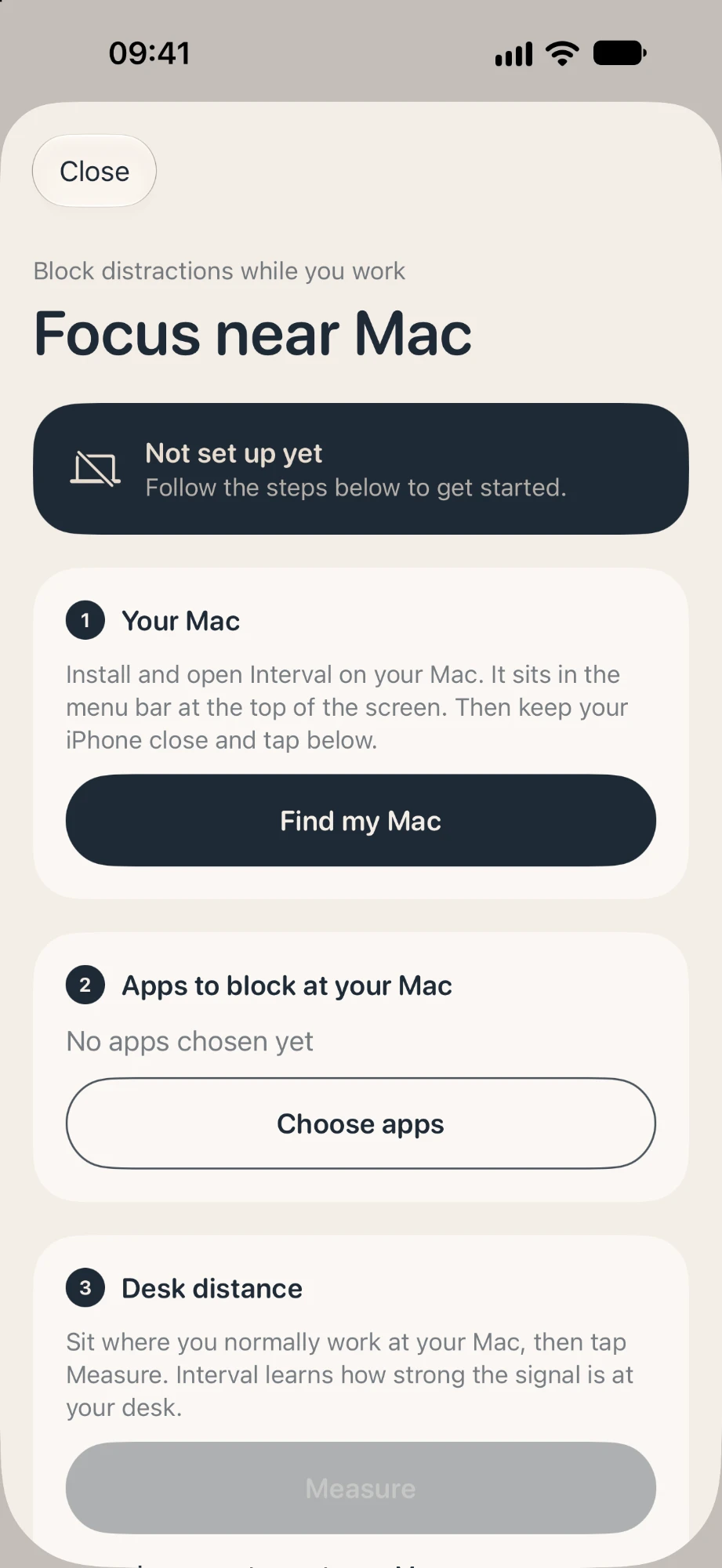 Focus near Mac setup: find your Mac, choose apps to block, measure desk distance