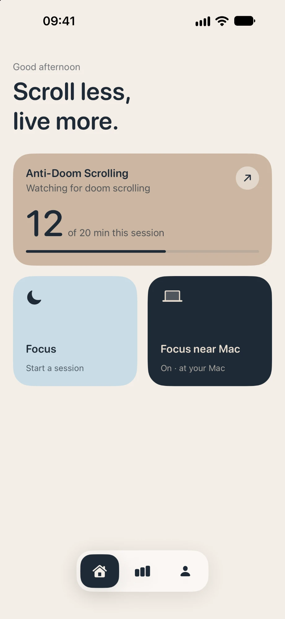 Interval home screen: 'Scroll less, live more' with Anti-Doom Scrolling at 12 of 20 minutes, plus Focus and Focus near Mac cards
