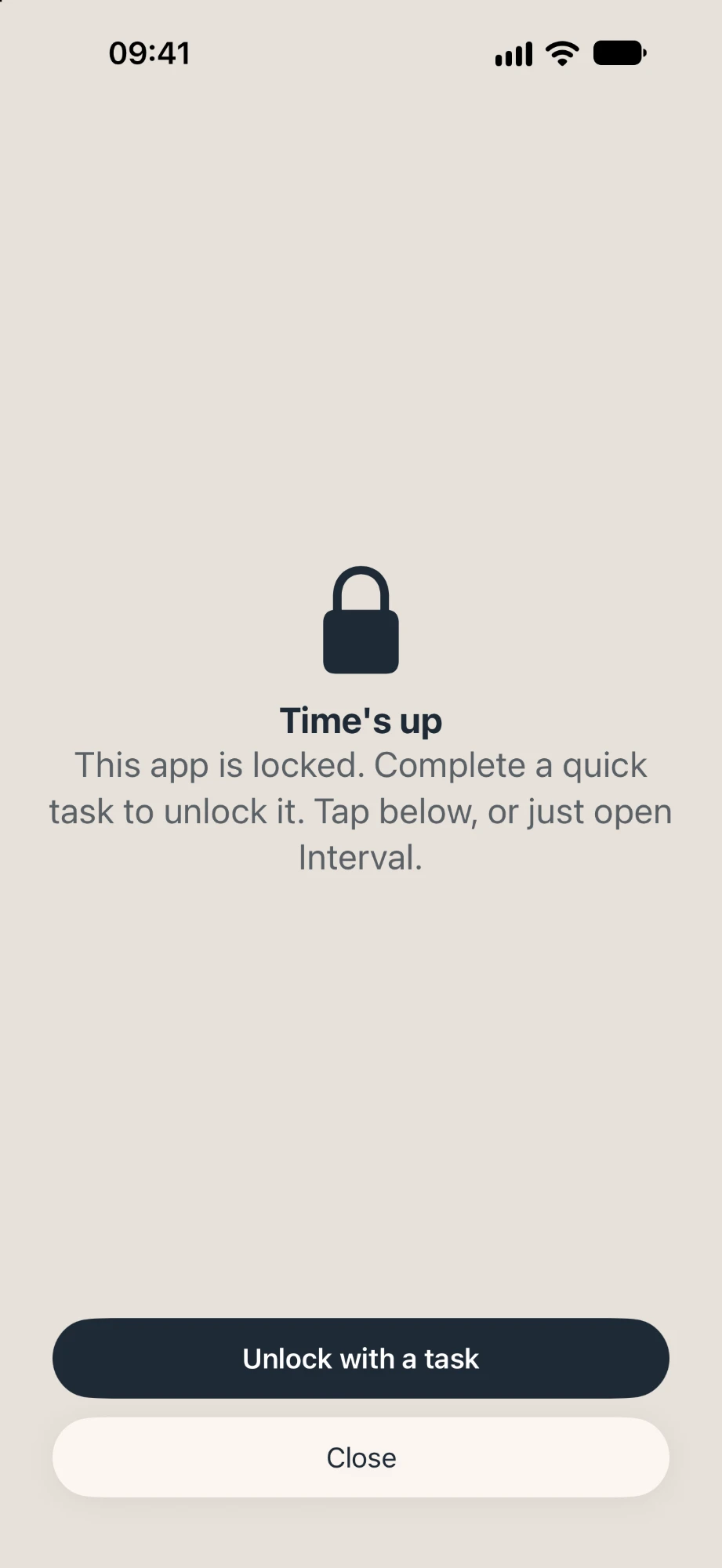 Locked app screen: 'Time's up. Complete a quick task to unlock it.'