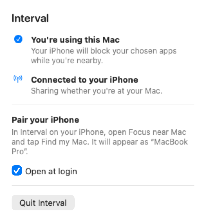 Interval Mac menu bar app showing 'You're using this Mac' and 'Connected to your iPhone'