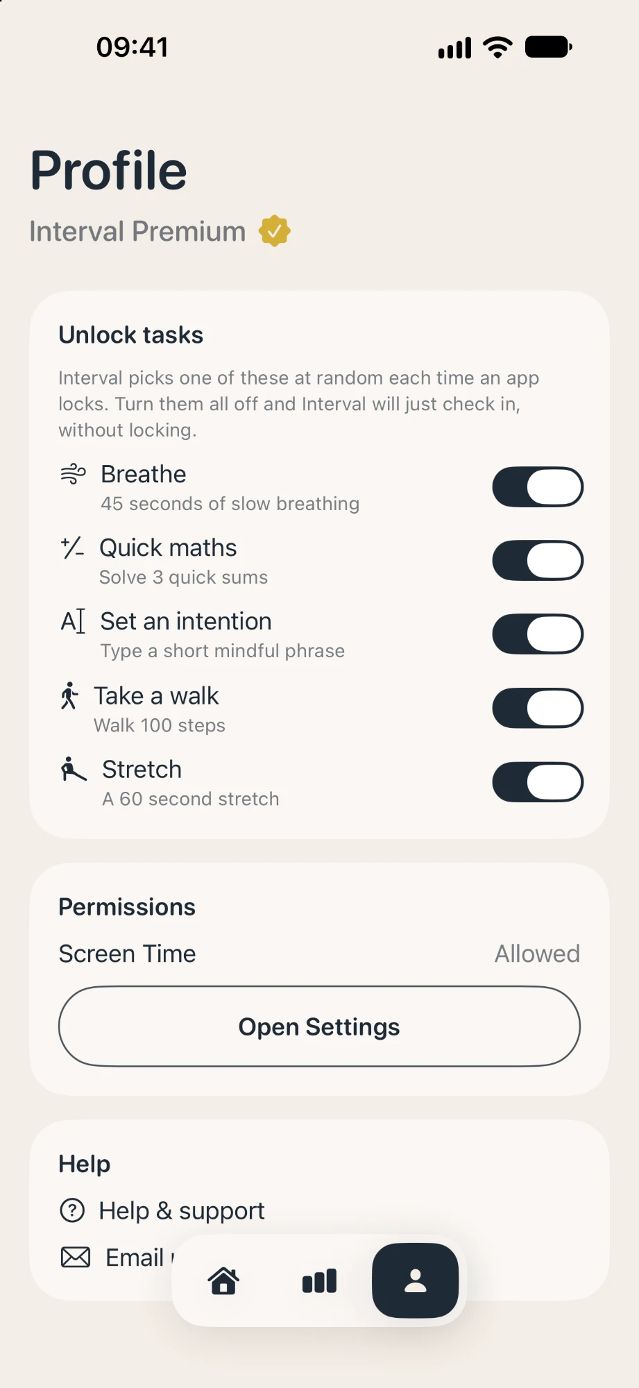 Profile screen with unlock task toggles: Breathe, Quick maths, Set an intention, Take a walk, Stretch